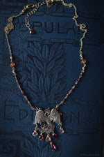 Load image into Gallery viewer, Gold Bronze Phoenix Necklace with Gemstones - Phoenix Rising Pendant - Firebird Necklace - Phoenix Bird Jewelry - Garnet &amp; Sunstone
