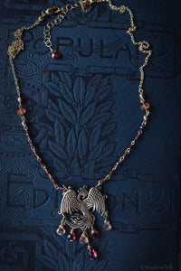 Gold Bronze Phoenix Necklace with Gemstones - Phoenix Rising Pendant - Firebird Necklace - Phoenix Bird Jewelry - Garnet & Sunstone