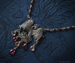Load image into Gallery viewer, Gold Bronze Phoenix Necklace with Gemstones - Phoenix Rising Pendant - Firebird Necklace - Phoenix Bird Jewelry - Garnet &amp; Sunstone
