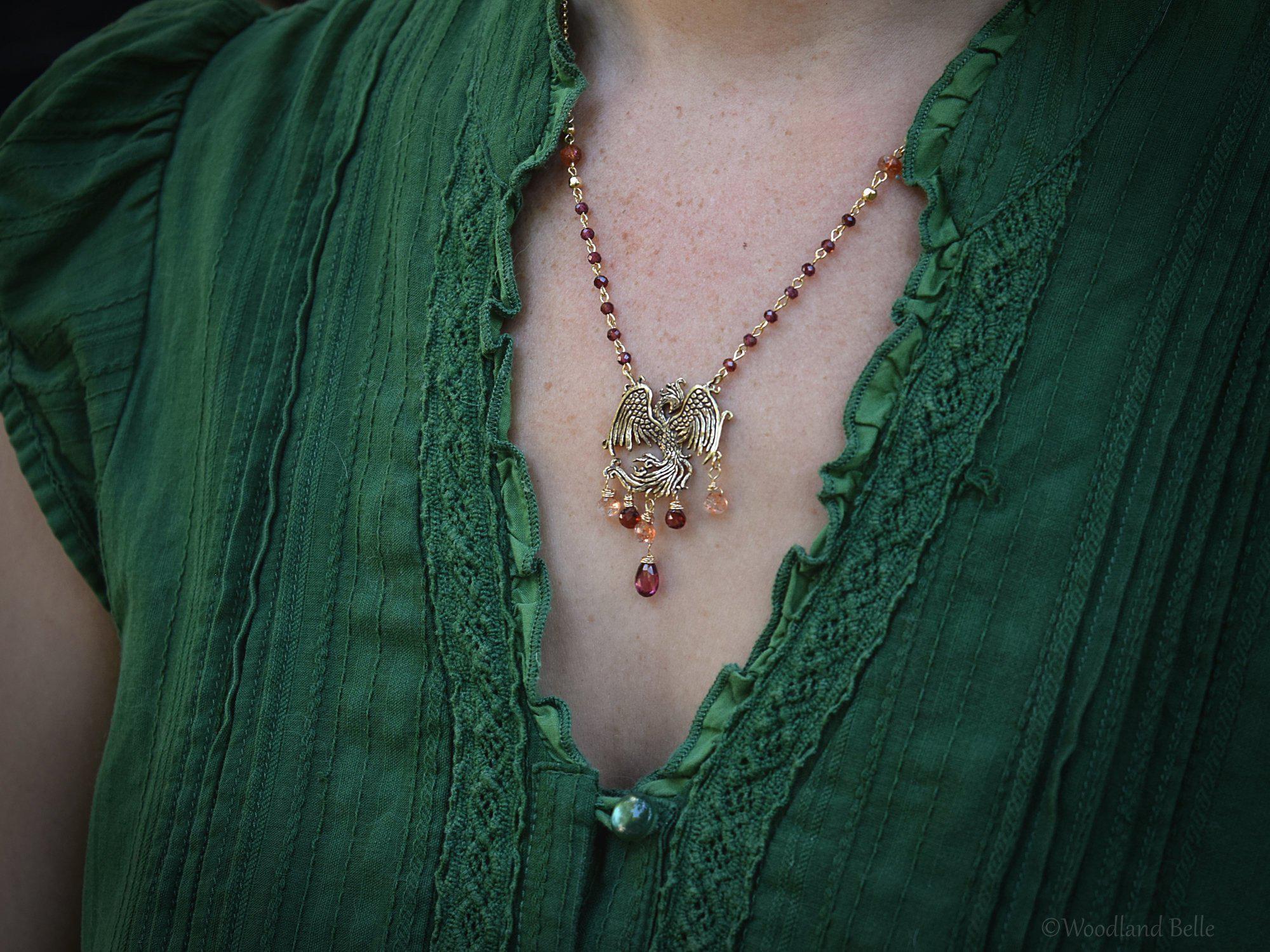 Gold Bronze Phoenix Necklace with Gemstones - Phoenix Rising Pendant - Firebird Necklace - Phoenix Bird Jewelry - Garnet & Sunstone