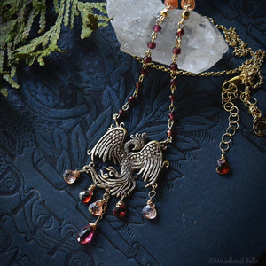 Gold Bronze Phoenix Necklace with Gemstones - Phoenix Rising Pendant - Firebird Necklace - Phoenix Bird Jewelry - Garnet & Sunstone