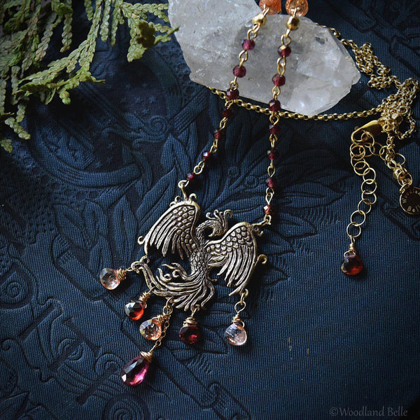 Gold Bronze Phoenix Necklace with Gemstones Phoenix Rising Pendant Firebird Necklace Phoenix Bird Jewelry Garnet Sunstone Woodland Belle