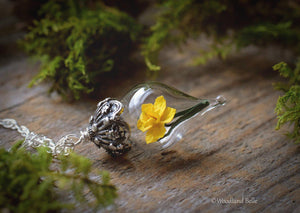 Gold Daffodil Necklace - Yellow Daffodil Flower Glass Pendant - Gold, Sterling Silver, or Rose Gold - Personalized Gift - by Woodland Belle