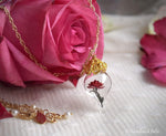 Load image into Gallery viewer, Gold Red Rose Necklace - Glass Flower Pendant - Personalized Gift, Initials - Beauty &amp; the Beast - Anniversary Wife Gift, by Woodland Belle
