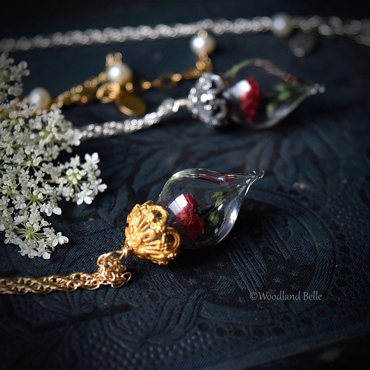 Gold Red Rose Necklace - Glass Flower Pendant - Personalized Gift, Initials - Beauty & the Beast - Anniversary Wife Gift, by Woodland Belle