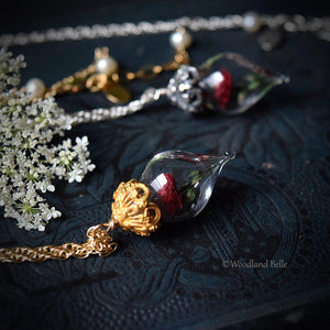 Gold Red Rose Necklace - Glass Flower Pendant - Personalized Gift, Initials - Beauty & the Beast - Anniversary Wife Gift, by Woodland Belle