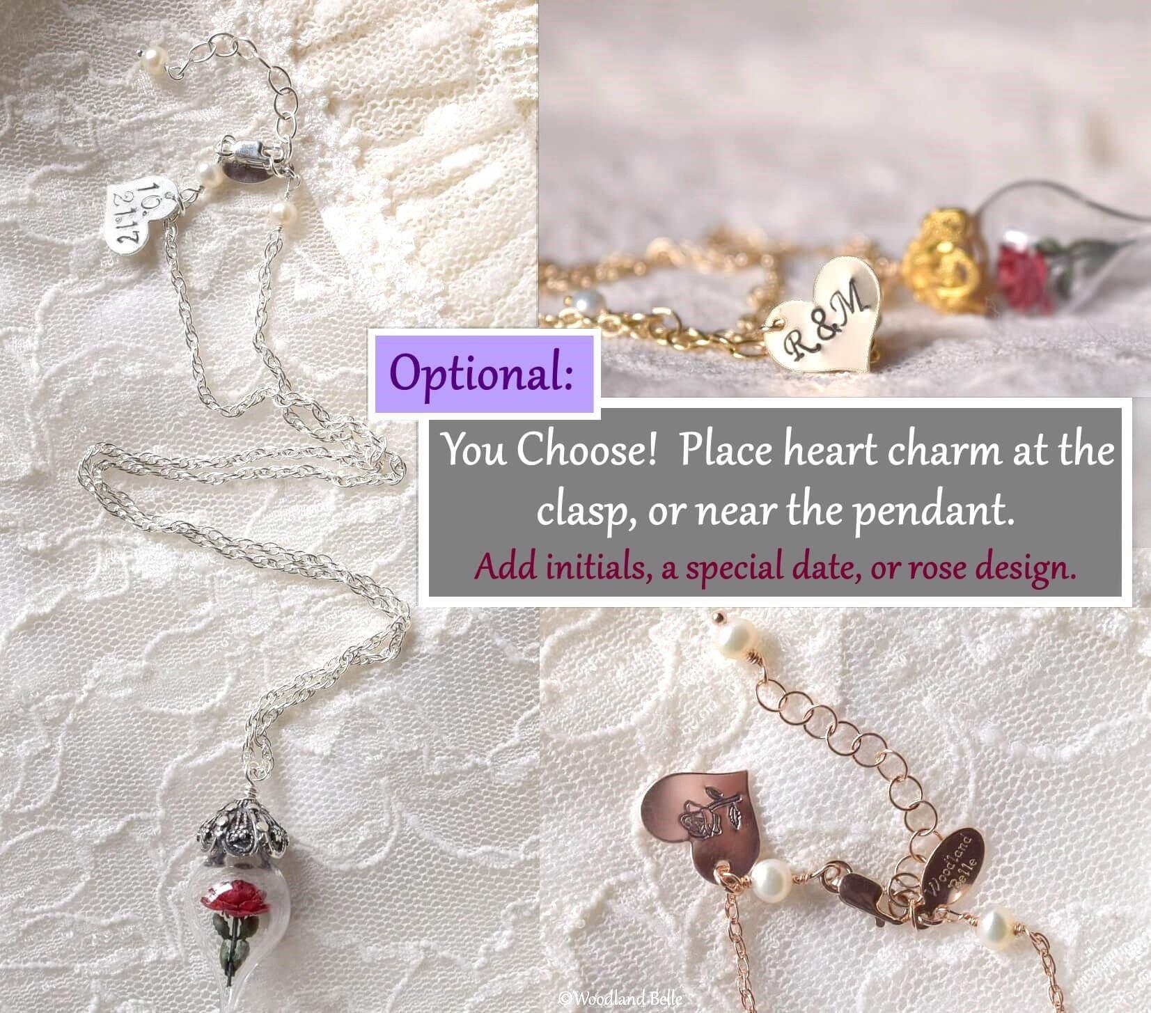 Gold Red Rose Necklace - Glass Flower Pendant - Personalized Gift, Initials - Beauty & the Beast - Anniversary Wife Gift, by Woodland Belle