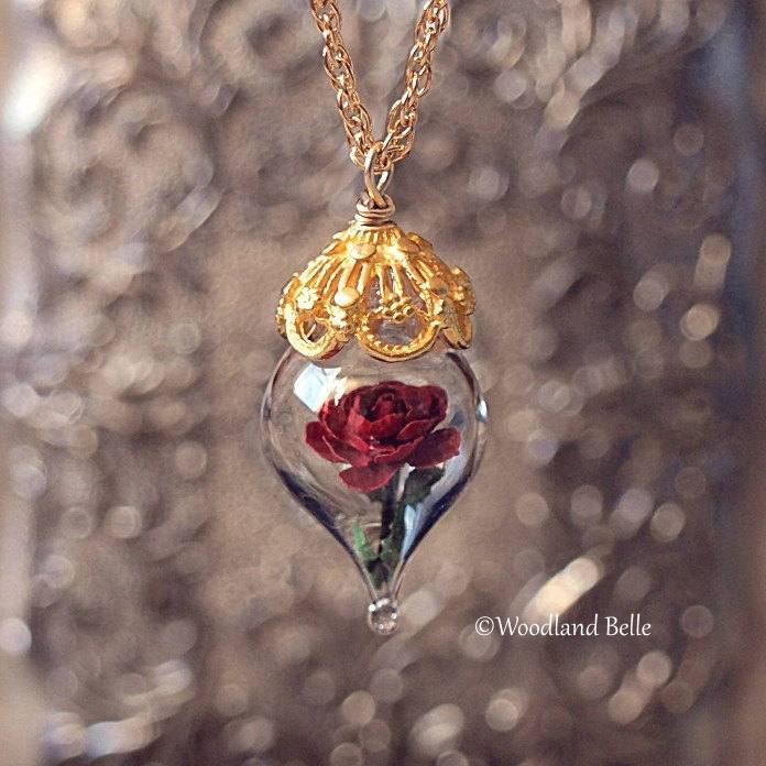 Gold Red Rose Necklace - Glass Flower Pendant - Personalized Gift, Initials - Beauty & the Beast - Anniversary Wife Gift, by Woodland Belle
