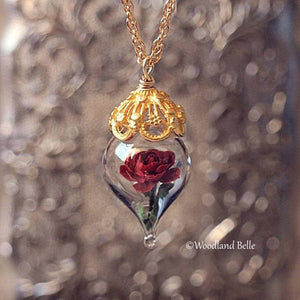Gold Red Rose Necklace - Glass Flower Pendant - Personalized Gift, Initials - Beauty & the Beast - Anniversary Wife Gift, by Woodland Belle