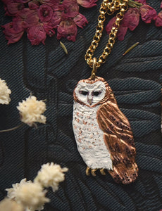 Owl Necklace - Enameled Barn Owl Pendant - Bronze Metal Painted Owl Charm Necklace - Bird/Owl Lover Jewelry Gift - by Woodland Belle-Woodland Belle