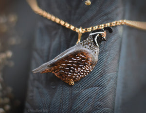 Quail Necklace - Enameled Bronze California Quail Bird Pendant - Small Dainty Charm Necklace - Bird Lover Gift for Her - by Woodland Belle