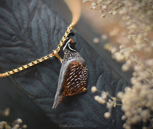 Quail Necklace - Enameled Bronze California Quail Bird Pendant - Small Dainty Charm Necklace - Bird Lover Gift for Her - by Woodland Belle