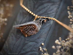 Quail Necklace - Enameled Bronze California Quail Bird Pendant - Small Dainty Charm Necklace - Bird Lover Gift for Her - by Woodland Belle