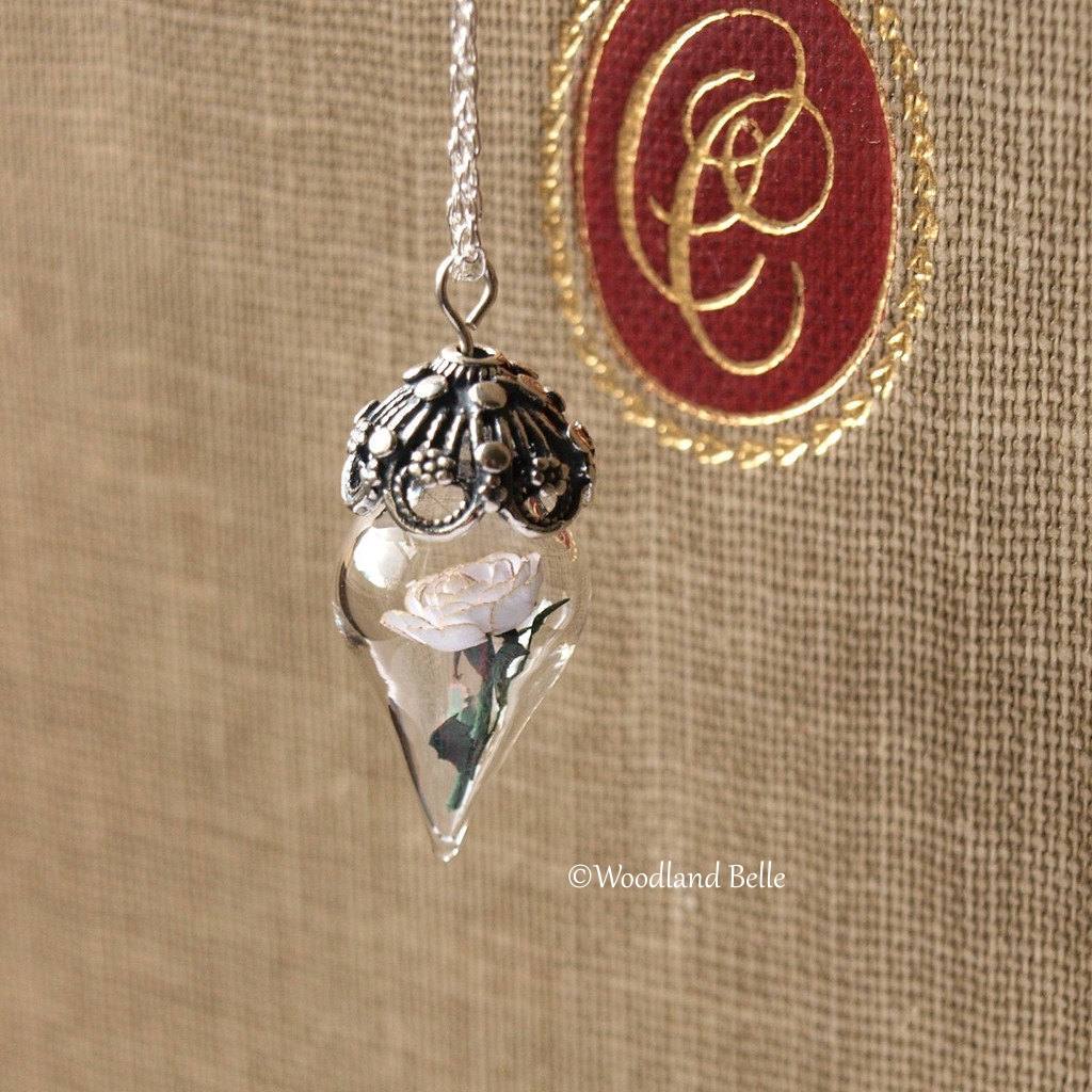 Ivory White Rose Necklace - Glass Flower Pendant - Bridal Wedding Necklace - Sterling Silver, Gold, or Rose Gold - by Woodland Belle