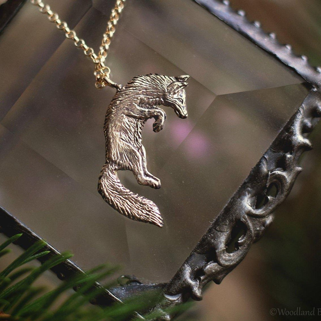Leaping Fox Necklace - Gold Bronze Jumping Fox Pendant - Small, Dainty Fox Charm - Animal Necklace, Fox Lover Gift - by Woodland Belle
