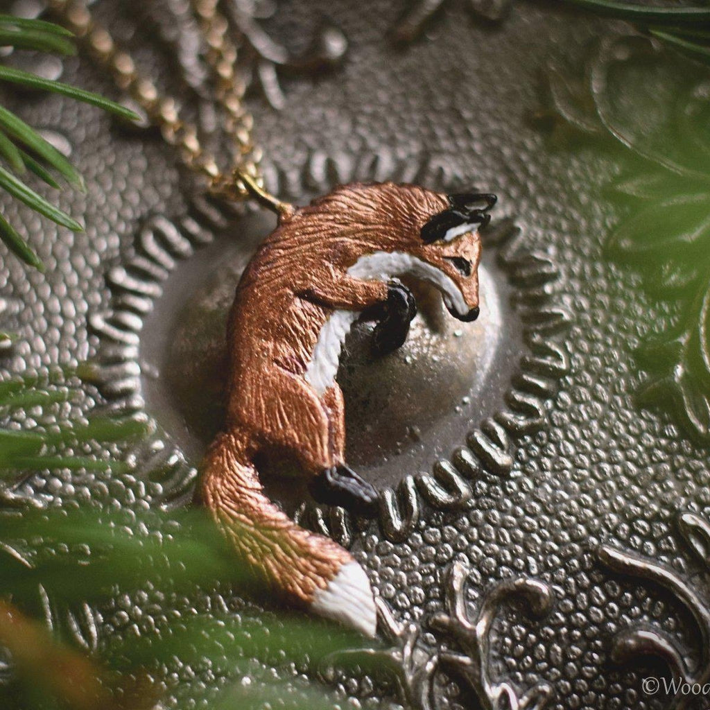 Leaping Red Fox Necklace - Enameled Bronze Jumping Fox Pendant - Small Animal Charm Jewelry- Fox Lover Gift, Cottagecore - by Woodland Belle