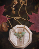 Load image into Gallery viewer, Luna Moth Necklace - Enameled Green Bronze Moon Moth Pendant - Small, Dainty Luna Moth Charm - Moth Lover Jewelry Gift - by Woodland Belle
