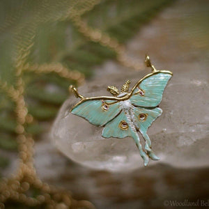 Luna Moth Necklace - Enameled Green Bronze Moon Moth Pendant - Small, Dainty Luna Moth Charm - Moth Lover Jewelry Gift - by Woodland Belle