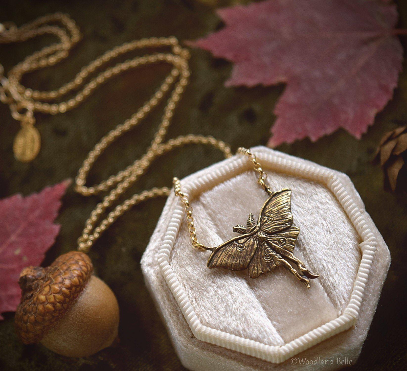 Luna Moth Necklace - Gold Bronze Moon Moth Pendant - Small, Dainty Luna Moth Charm - Jewelry Gift for Moth Lover - by Woodland Belle