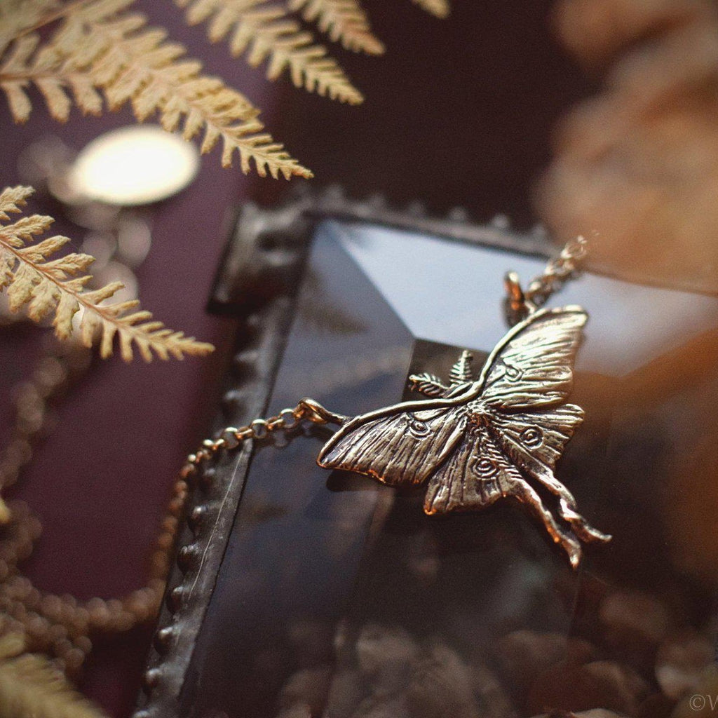Luna Moth Necklace - Gold Bronze Moon Moth Pendant - Small, Dainty Luna Moth Charm - Jewelry Gift for Moth Lover - by Woodland Belle