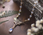 Load image into Gallery viewer, Luna Moth Necklace, Gold Bronze &amp; Rainbow Moonstone Gemstone Beads - Small Luna Moth Pendant - Moth Lover Jewelry Gift by Woodland Belle
