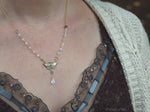 Load image into Gallery viewer, Luna Moth Necklace, Gold Bronze &amp; Rainbow Moonstone Gemstone Beads - Small Luna Moth Pendant - Moth Lover Jewelry Gift by Woodland Belle
