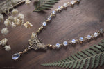Load image into Gallery viewer, Luna Moth Necklace, Gold Bronze &amp; Rainbow Moonstone Gemstone Beads - Small Luna Moth Pendant - Moth Lover Jewelry Gift by Woodland Belle
