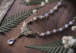 Load image into Gallery viewer, Luna Moth Necklace, Gold Bronze &amp; Rainbow Moonstone Gemstone Beads - Small Luna Moth Pendant - Moth Lover Jewelry Gift by Woodland Belle
