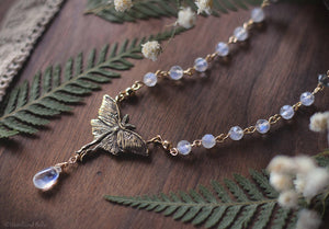 Luna Moth Necklace, Gold Bronze & Rainbow Moonstone Gemstone Beads - Small Luna Moth Pendant - Moth Lover Jewelry Gift by Woodland Belle