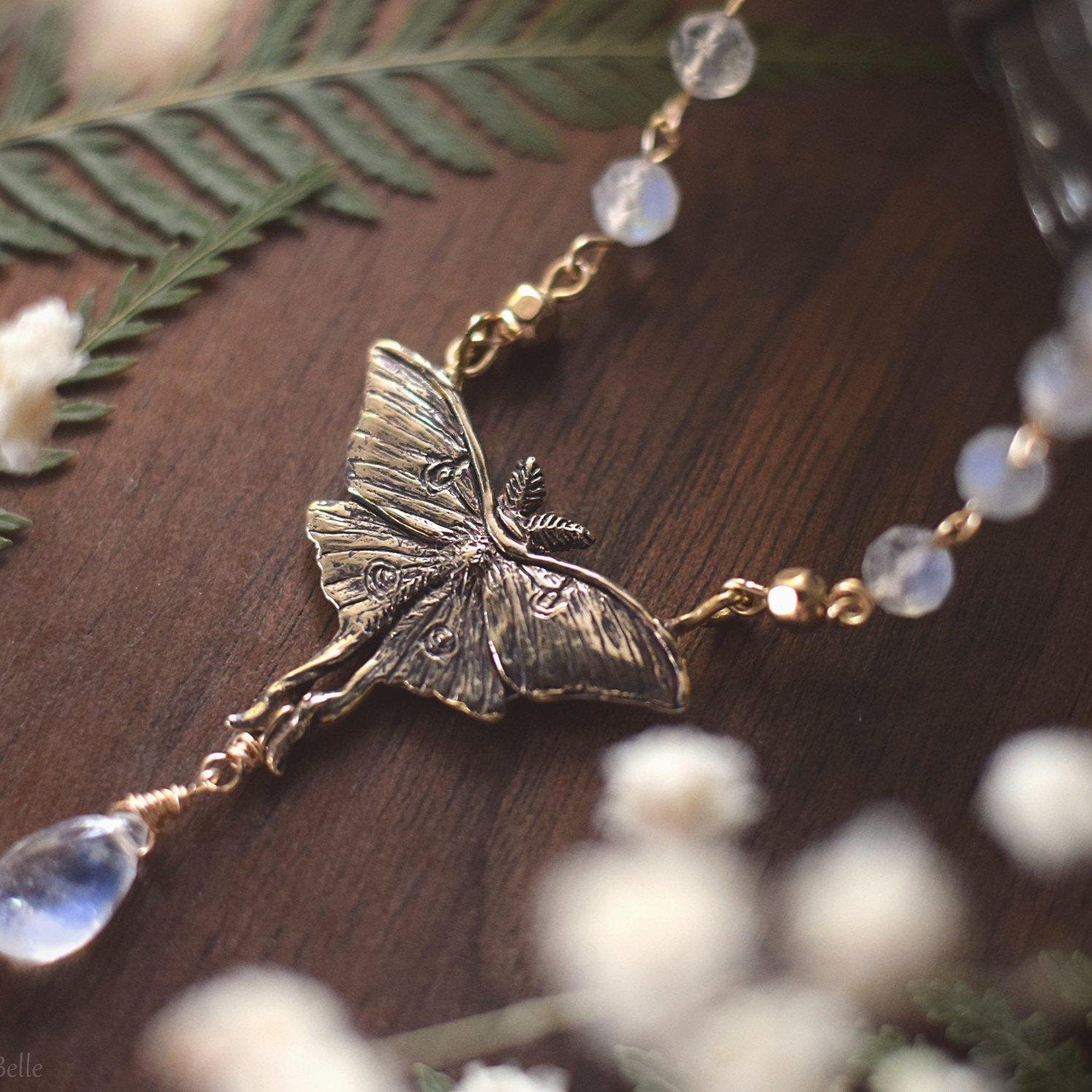 Luna Moth Necklace, Gold Bronze & Rainbow Moonstone Gemstone Beads - Small Luna Moth Pendant - Moth Lover Jewelry Gift by Woodland Belle