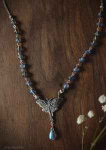 Luna Moth Necklace, Sterling Silver & Labradorite Gemstone Beads - Moon Moth Pendant, Recycled - Moth Lover Jewelry Gift by Woodland Belle