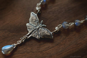 Luna Moth Necklace, Sterling Silver & Labradorite Gemstone Beads - Moon Moth Pendant, Recycled - Moth Lover Jewelry Gift by Woodland Belle