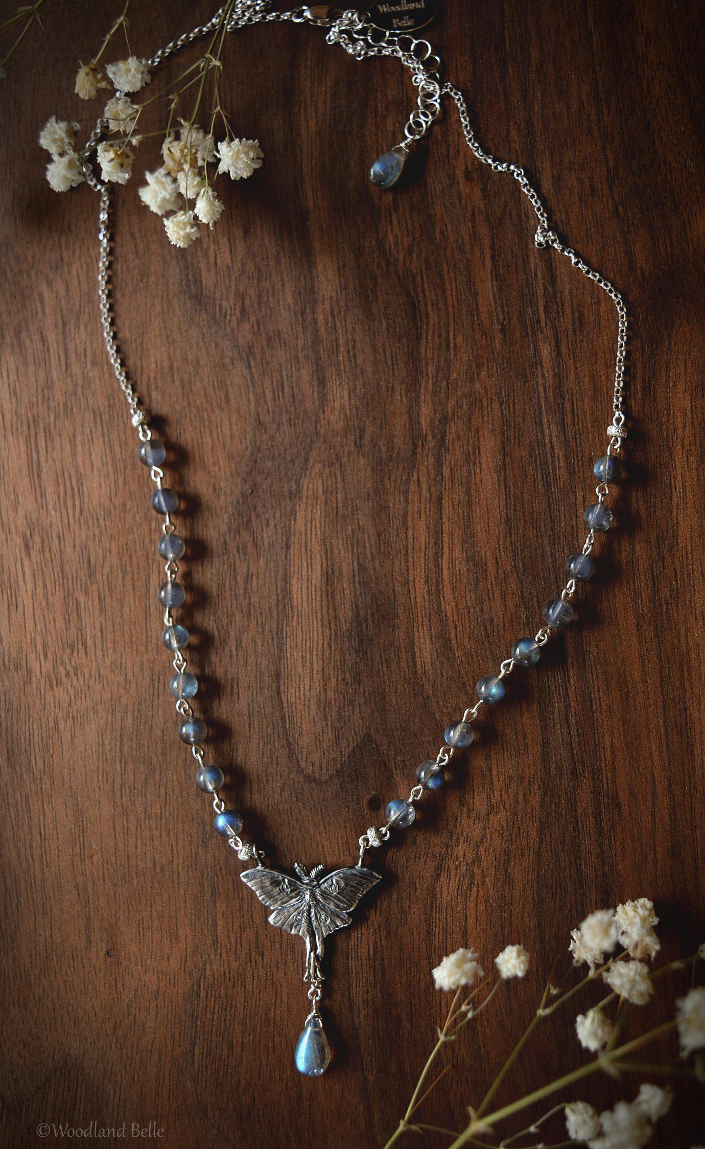 Luna Moth Necklace, Sterling Silver & Labradorite Gemstone Beads - Moon Moth Pendant, Recycled - Moth Lover Jewelry Gift by Woodland Belle