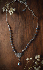 Load image into Gallery viewer, Luna Moth Necklace, Sterling Silver &amp; Labradorite Gemstone Beads - Moon Moth Pendant, Recycled - Moth Lover Jewelry Gift by Woodland Belle
