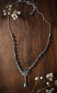 Luna Moth Necklace, Sterling Silver & Labradorite Gemstone Beads - Moon Moth Pendant, Recycled - Moth Lover Jewelry Gift by Woodland Belle