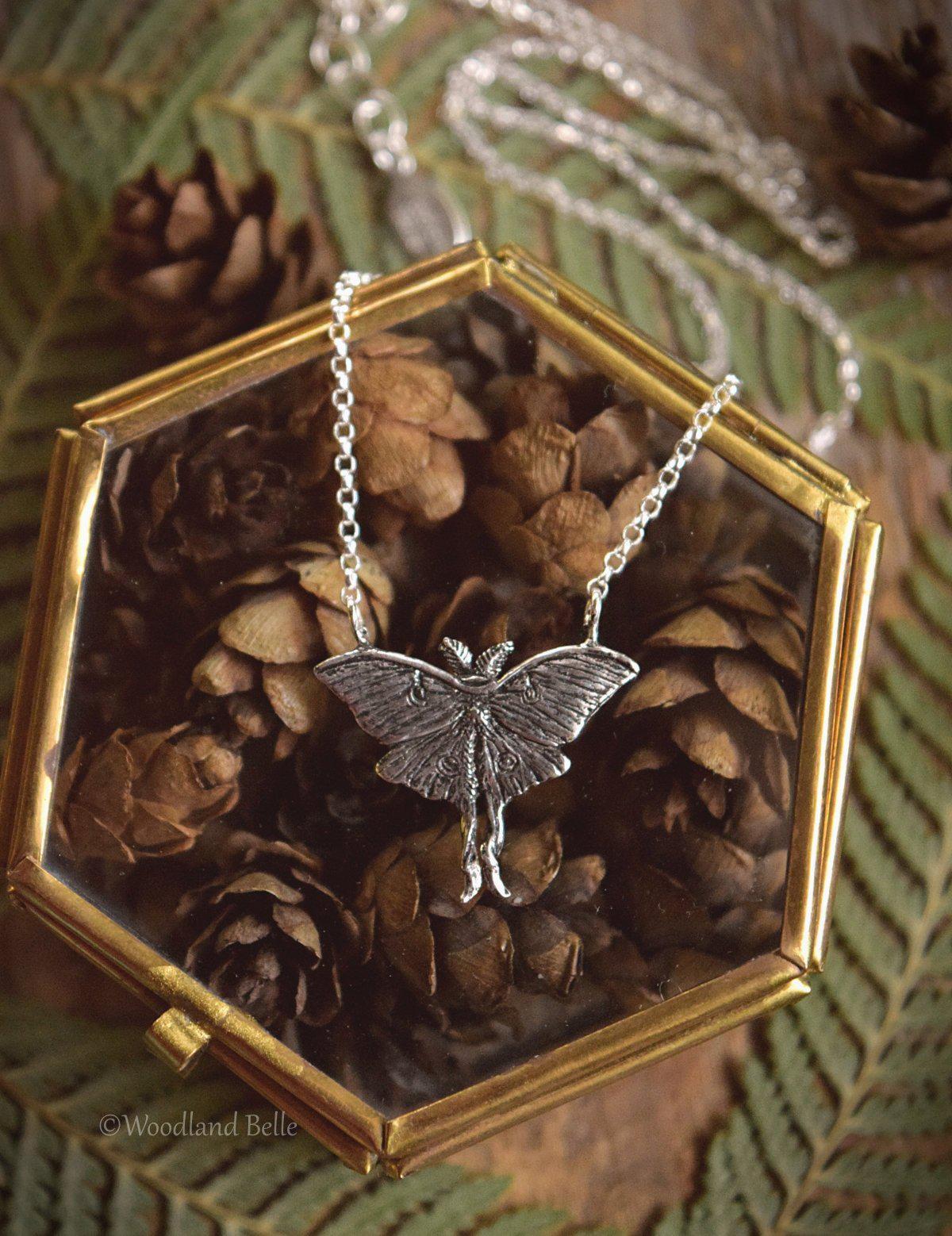 Luna Moth Necklace - Sterling Silver Moon Moth Pendant, Recycled - Small, Dainty Luna Moth Charm - Moth Lover Jewelry Gift by Woodland Belle