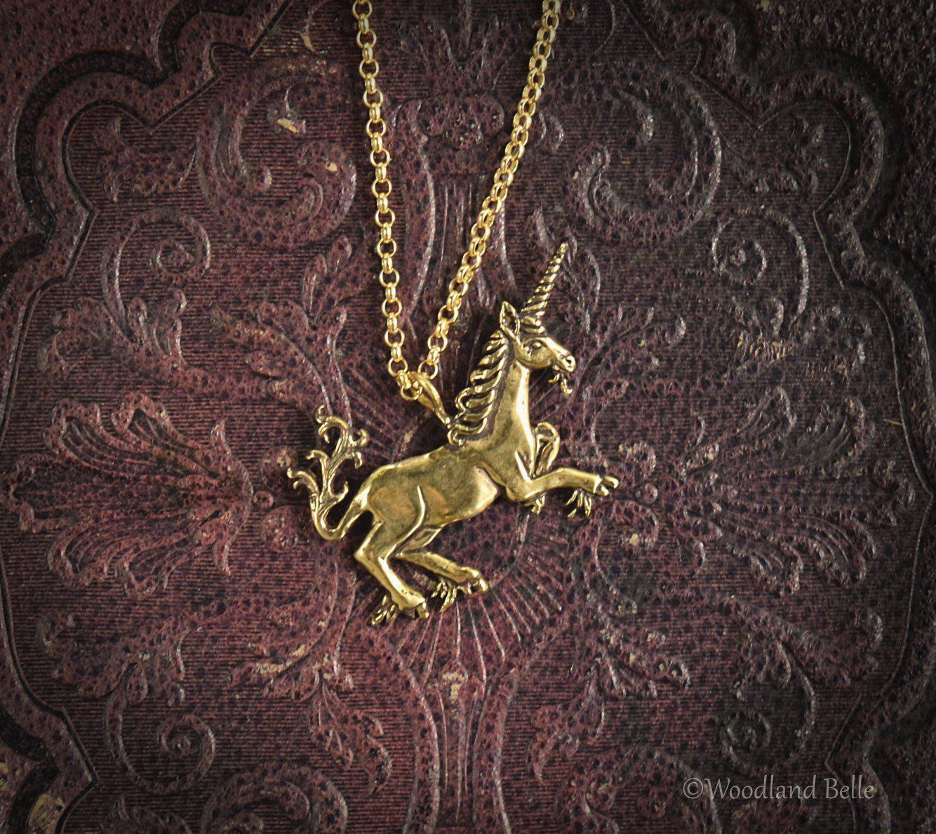 Medieval Unicorn Necklace Gold Bronze Unicorn Pendant Small