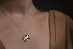 Load image into Gallery viewer, Medieval Unicorn Necklace - Sterling Silver Unicorn Pendant, Recycled - Small Dainty Charm Necklace - Unicorn Lover Gift - by Woodland Belle
