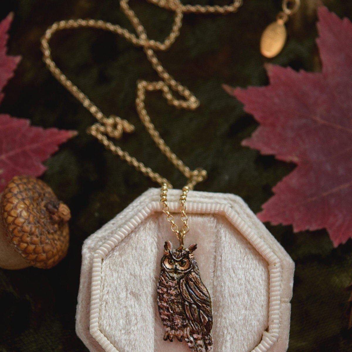 Owl Necklace - Enameled Bronze Great Horned Owl Pendant - Small, Dainty Bird Charm Necklace - Owl Lover Gift, Cottagecore- by Woodland Belle