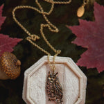Load image into Gallery viewer, Owl Necklace - Enameled Bronze Great Horned Owl Pendant - Small, Dainty Bird Charm Necklace - Owl Lover Gift, Cottagecore- by Woodland Belle
