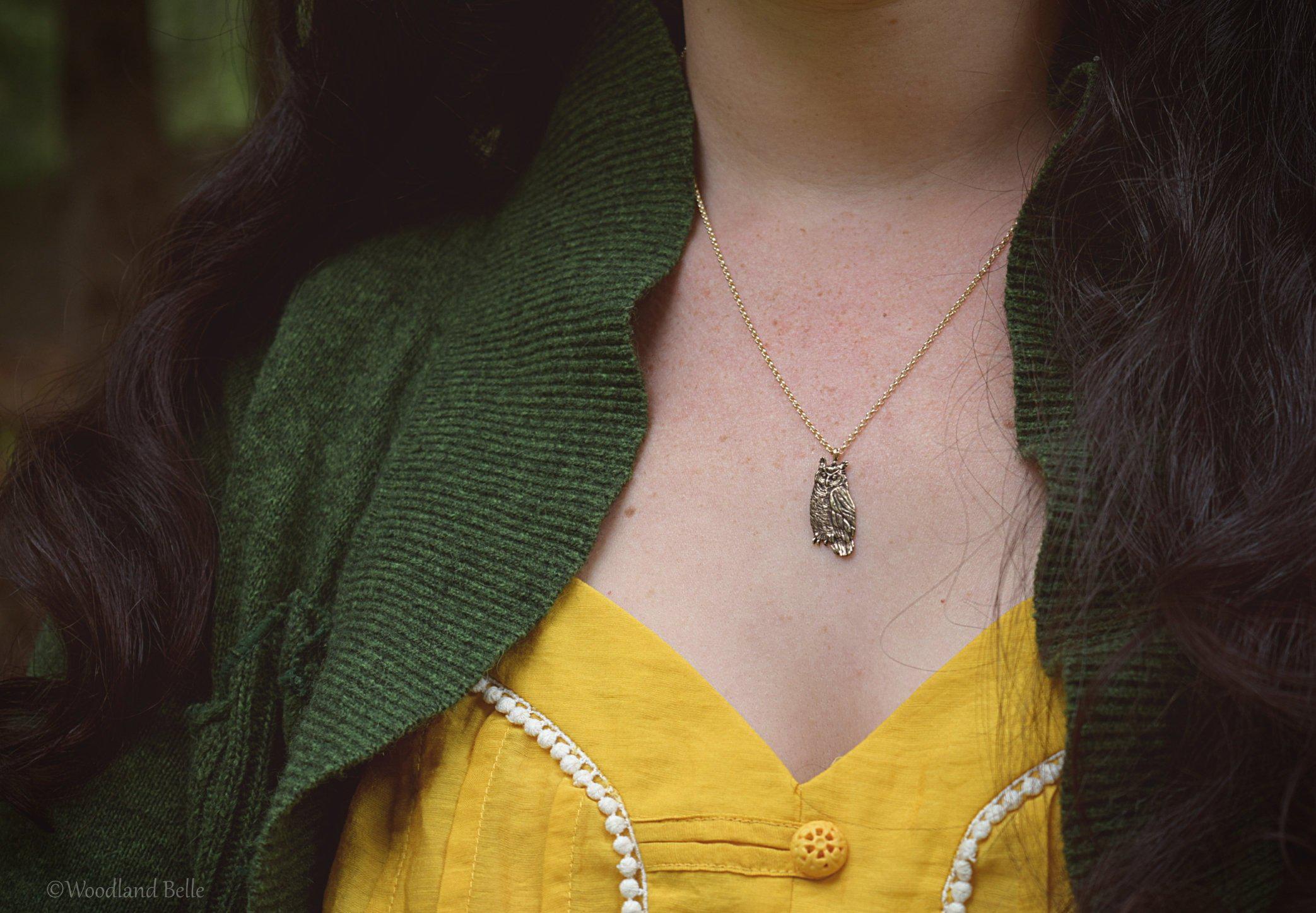 Owl Necklace - Gold Bronze Great Horned Owl Pendant - Small, Dainty Bird Necklace - Owl Lover Gift - Cottagecore, Mori Girl - Woodland Belle