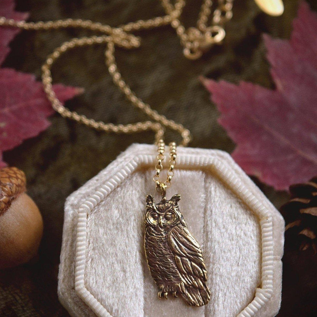 Owl Necklace - Gold Bronze Great Horned Owl Pendant - Small, Dainty Bird Necklace - Owl Lover Gift - Cottagecore, Mori Girl - Woodland Belle