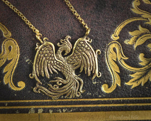 Phoenix Necklace - Gold Bronze Phoenix Rising Pendant - Firebird Necklace - Phoenix Bird Jewelry Gift - by Woodland Belle