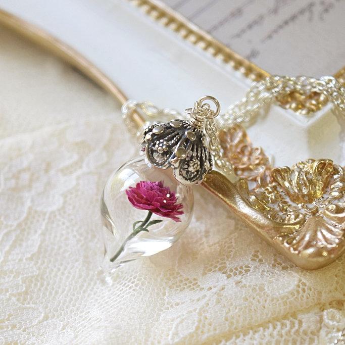 Pink Peony Necklace - Silver Glass Flower Pendant - Personalized Gift- Wife, Anniversary - Gold/Sterling Silver/Rose Gold -By Woodland Belle