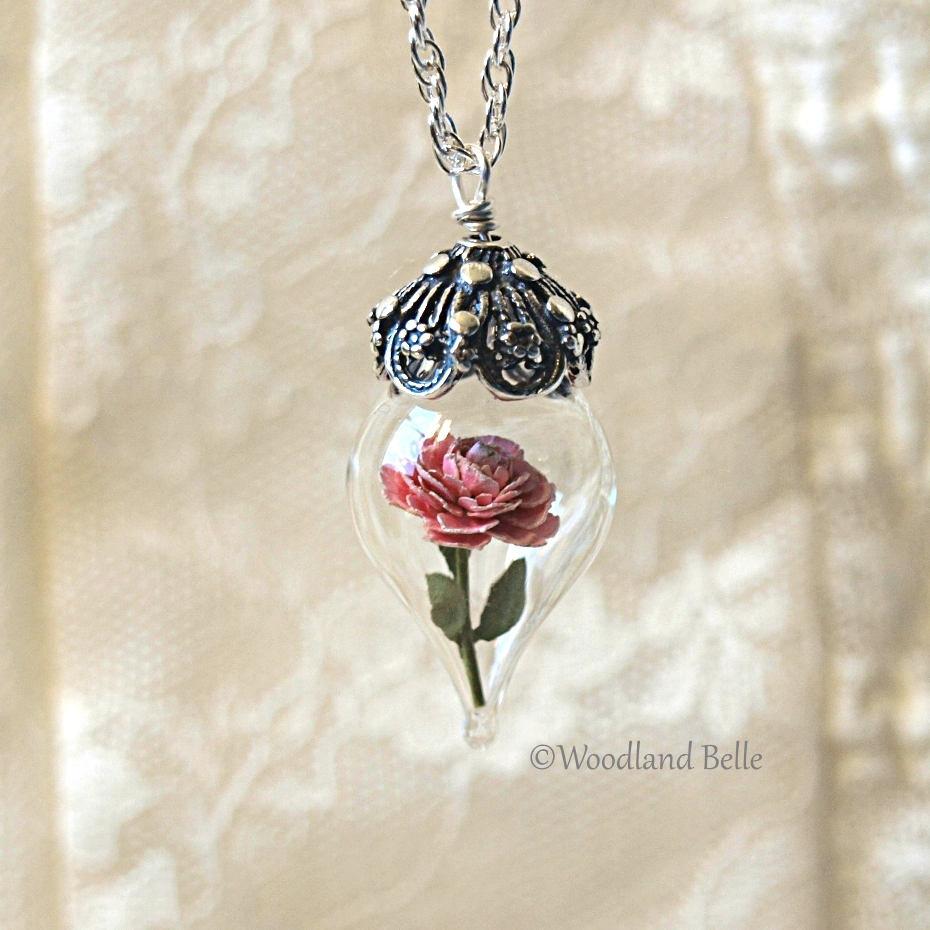 Pink Peony Necklace - Silver Glass Flower Pendant - Personalized Gift- Wife, Anniversary - Gold/Sterling Silver/Rose Gold -By Woodland Belle