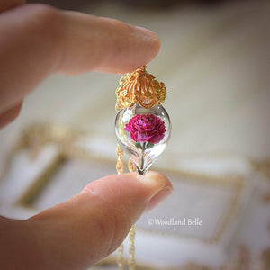 Pink Peony Necklace - Silver Glass Flower Pendant - Personalized Gift- Wife, Anniversary - Gold/Sterling Silver/Rose Gold -By Woodland Belle