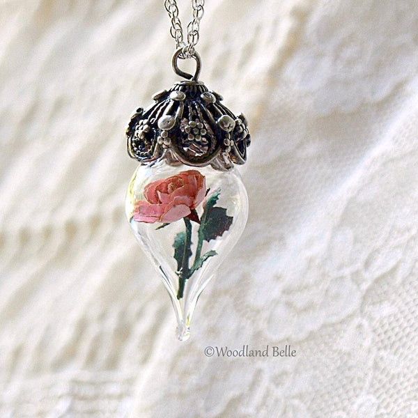 Pink Rose Necklace Sterling Silver Glass Flower Pendant Personalized Gift Mother Grandmother Gift by Woodland Belle Woodland Belle