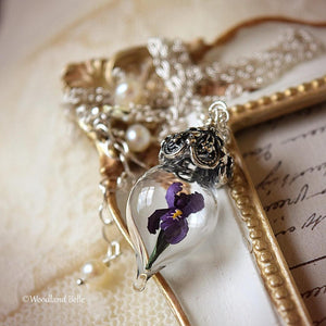 Purple Iris Flower Necklace - Glass Terrarium Pendant - Personalized Gift - Sterling Silver, Gold, or Rose Gold - by Woodland Belle