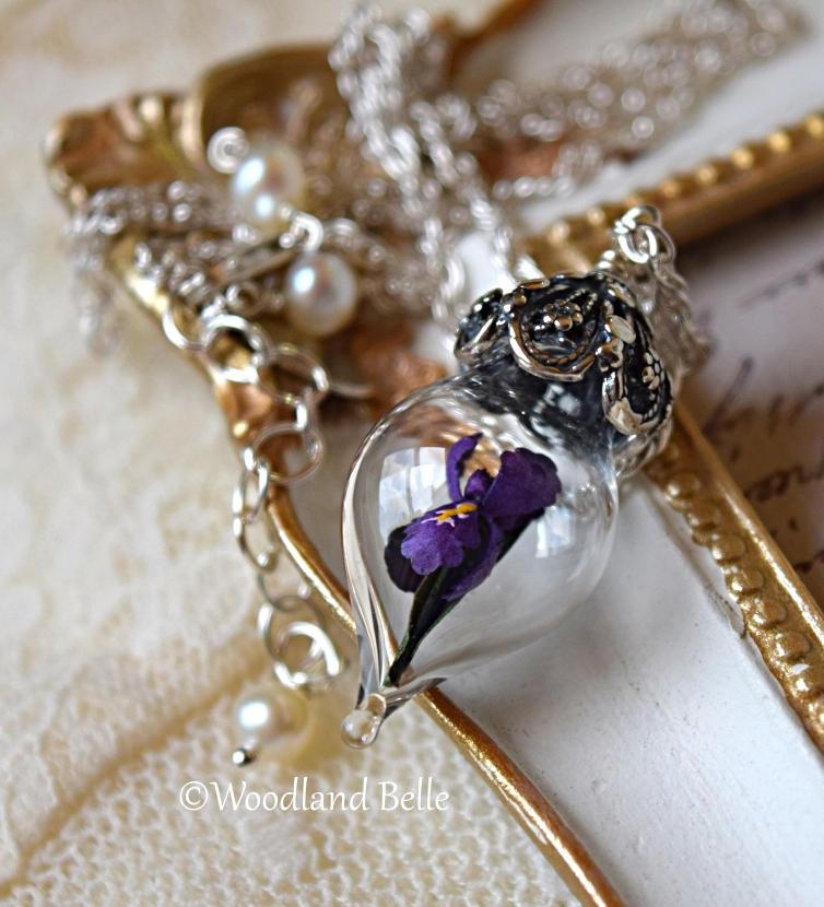 Purple Iris Flower Necklace - Glass Terrarium Pendant - Personalized Gift - Sterling Silver, Gold, or Rose Gold - by Woodland Belle