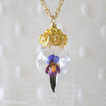 Load image into Gallery viewer, Purple Iris Flower Necklace - Glass Terrarium Pendant - Personalized Gift - Sterling Silver, Gold, or Rose Gold - by Woodland Belle
